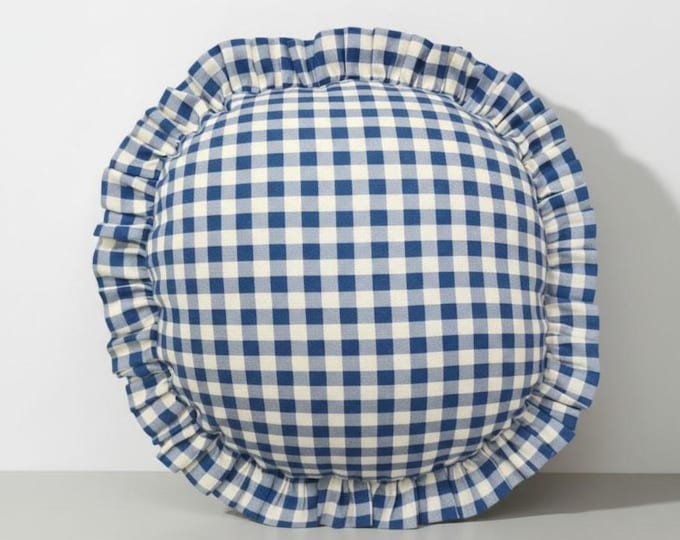 Gingham Round Ruffle Pillow - Plaid Chair Pad - Cottage Style Seat Cushion