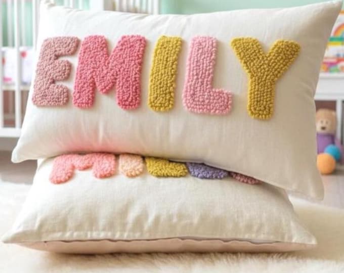 Personalised Punch Needle Decorative Cushion - Kids Room Decor Name Pillow - Unique Baby Room Nursery Initial Decoration Gift