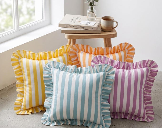 Outdoor Pillow Cover - Pastel Striped Ruffle Cushion - Water Repellent Patio Decor - Cottagecore Porch Accent - Poolside Seating Pillow
