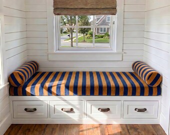 Custom Striped Velvet Bench Cushion – Coastal Window Seat Pad – 3" Thick Reading Nook Cushion