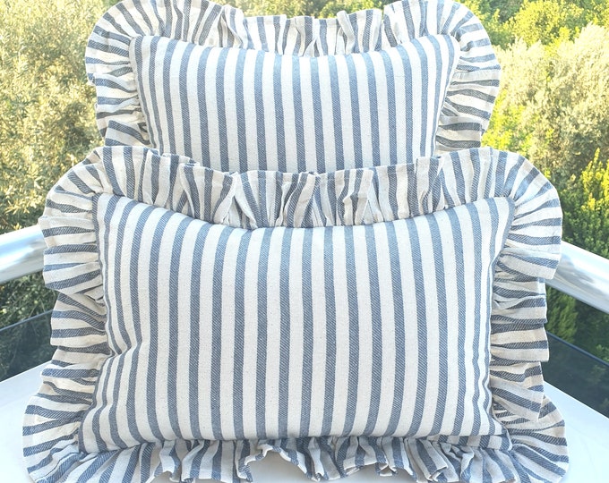 Bohemian Frill Linen Striped Pillow Cover - Different Color Options With Frill Edges - Hello Mello Store