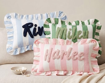 Personalized Embroidered Name Pillow - Custom Name Cushion - Handmade Ruffle Pillow - Nursery Decor - Baby Shower Gift - Kids Room Decor