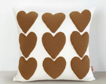 Hand Embroidered Heart Pillow Cover – Handmade Punch Needle Cushion – Valentine Decor - Gift For Her