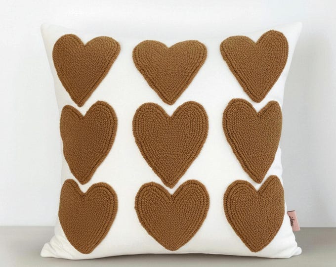 Hand Embroidered Heart Pillow Cover – Handmade Punch Needle Cushion – Valentine Decor - Gift For Her