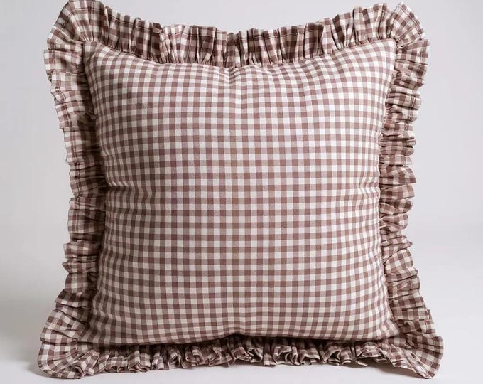 Bohemian Frill Linen Gingham Pillow Cover - Gingham Pillow - Ruffle Pillow Cover - Color Options With Frill Edges - Hello Mello Store