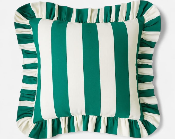 Bohemian Striped Linen Pillow with Ruffles - Ruffled Cushion - Modern and Farmhouse Chic Decor