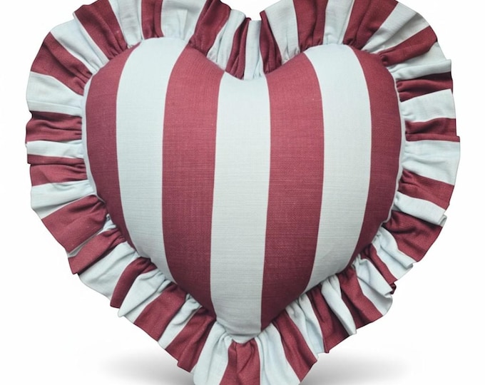 Colorful Ruffle Heart Pillow – Handmade Linen Striped Cushion