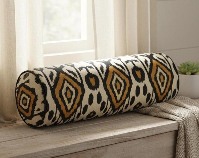 Boho Ikat Bolster Pillow | Decorative Cylinder Cushion for Sofa & Bed