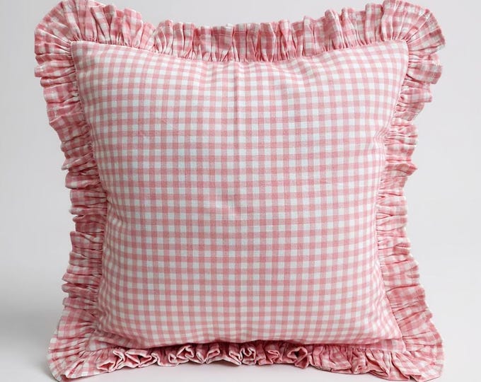 Bohemian Frill Linen Gingham Pillow Cover - Gingham Pillow - Ruffle Pillow Cover - Color Options With Frill Edges - Hello Mello Store