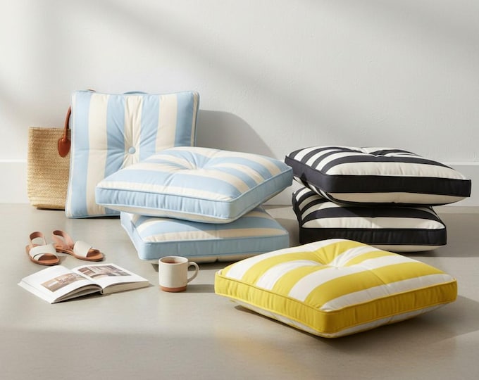 Striped Linen Floor Cushion – Coastal Beach House Seat Pad - Boho Chic Lounge Pillow