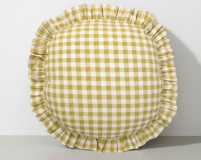 Gingham Round Ruffle Pillow - Plaid Chair Pad - Cottage Style Seat Cushion