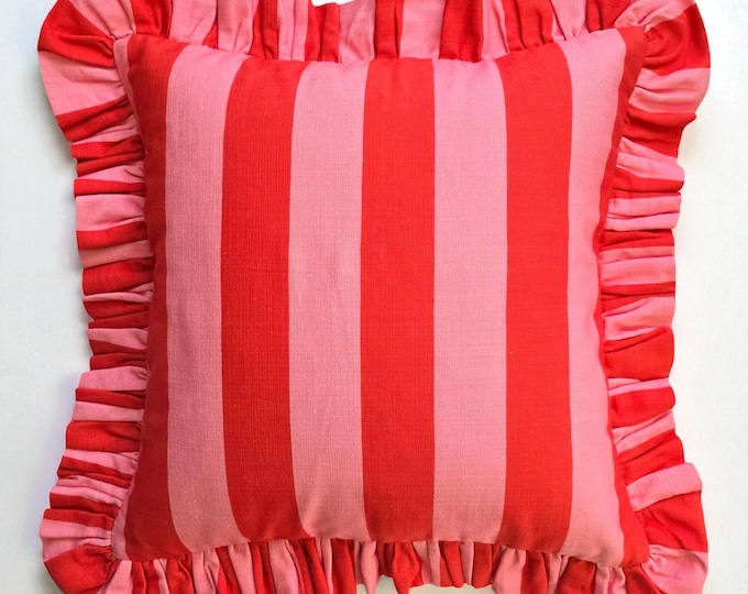 Bohemian Striped Linen Pillow with Ruffles - Frilled Cushion - Modern and Farmhouse Chic Decor - Multicolor