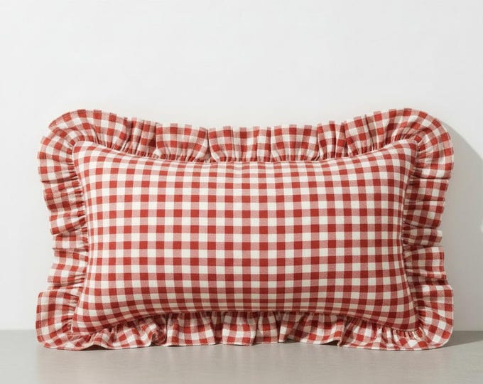 Gingham Pillow Cover - Ruffled Gingham Cushion - Cottagecore Farmhouse Decor - Multiple Color Options