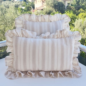 Bohemian Linen Striped Pillow Cover with Frill Edges
