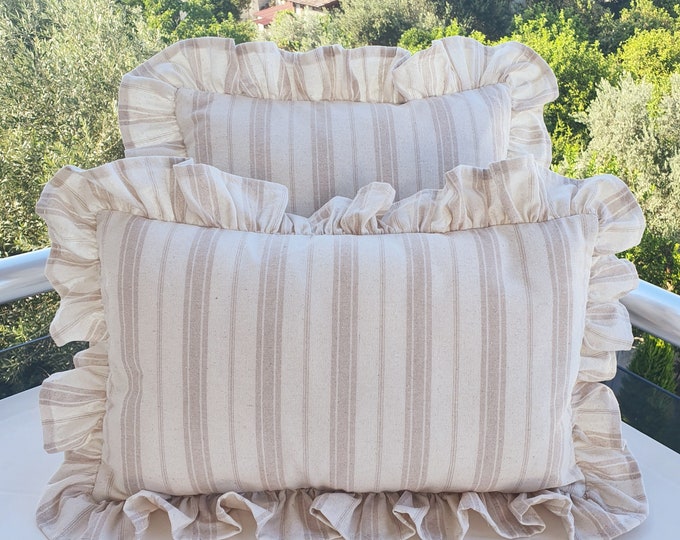 Bohemian Frill Linen Striped Pillow Cover - Different Color Options With Frill Edges - Hello Mello Store