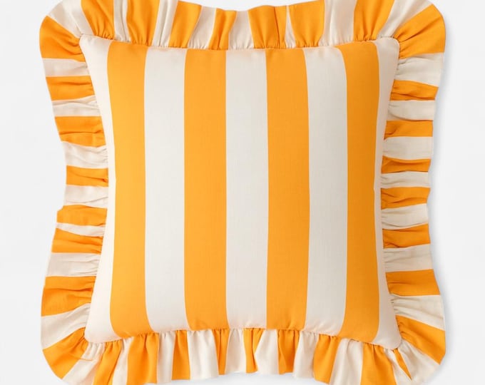 Bohemian Striped Linen Pillow with Ruffles - Ruffled Cushion - Modern and Farmhouse Chic Decor