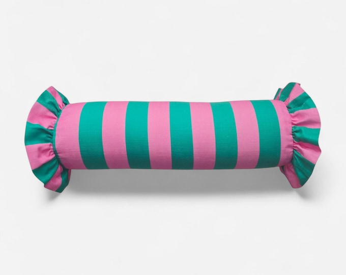Striped Bolster Pillow Cover with Ruffles - Colorful Handmade Decorative Cushion - Candy Style Decor