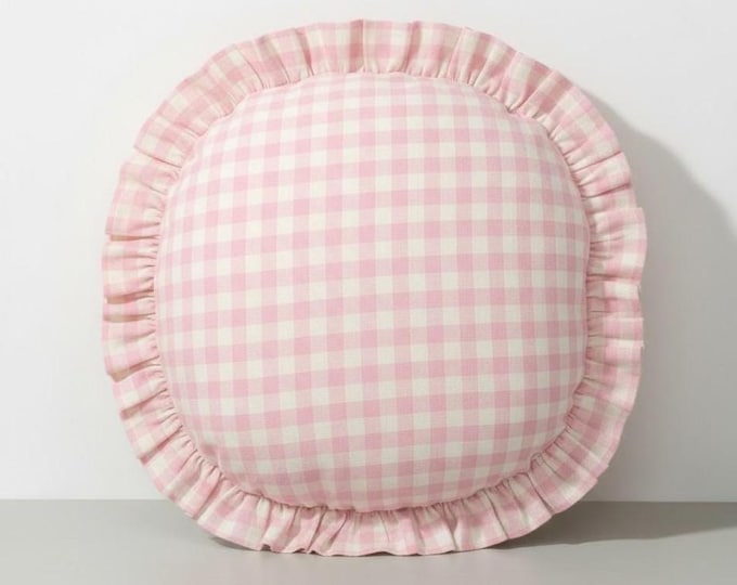 Gingham Round Ruffle Pillow - Plaid Chair Pad - Cottage Style Seat Cushion
