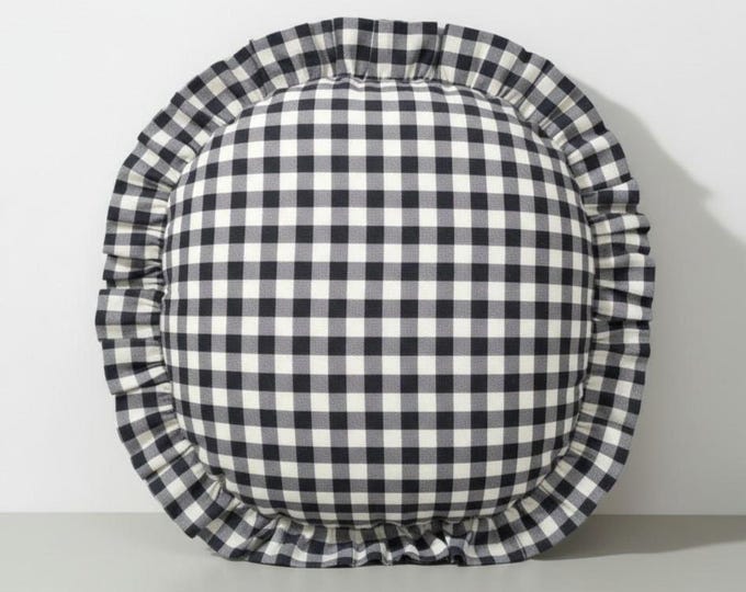 Gingham Round Ruffle Pillow - Plaid Chair Pad - Cottage Style Seat Cushion