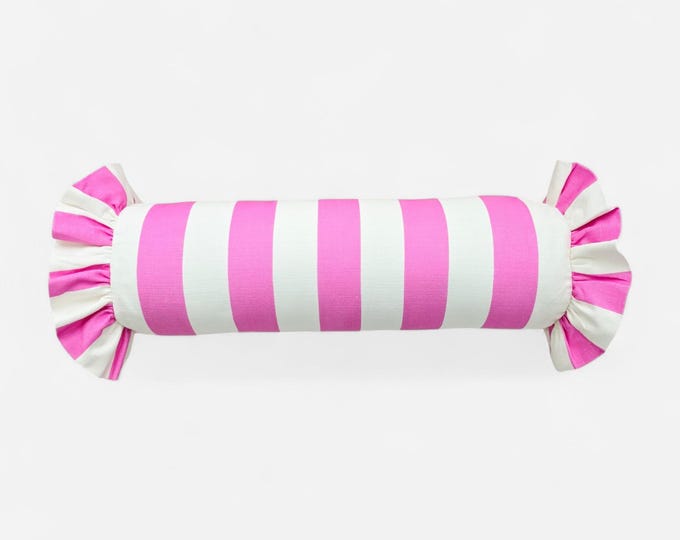 Striped Bolster Pillow Cover with Ruffles - Colorful Handmade Decorative Cushion - Candy Style Decor