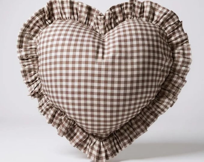 Frill Linen Gingham Heart Pillow Cover - Gingham Heart Pillow - Heart Pillow - Color Options With Frill Edges - Gingham Pillow