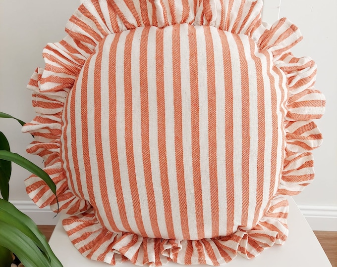 Bohemian Frill Linen Striped Pillow Cover - Circle Pillow - Different Color Options With Frill Edges - Hello Mello Store