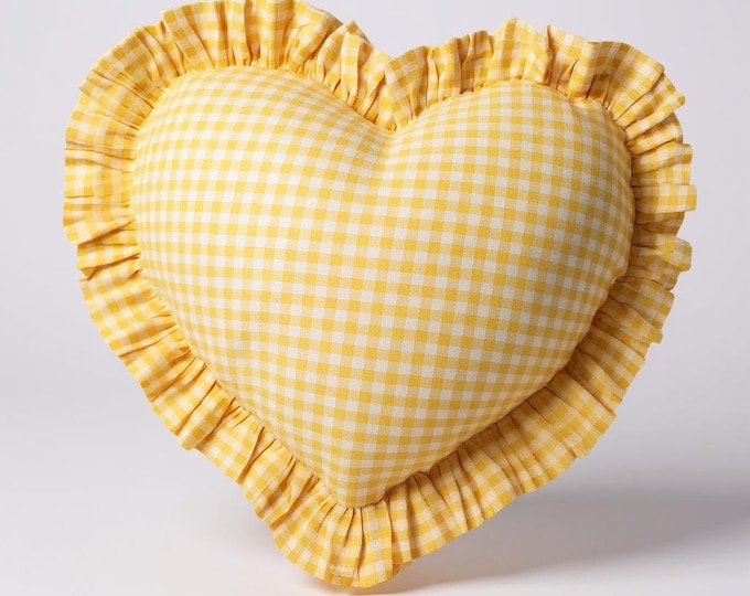 Frill Linen Gingham Heart Pillow Cover - Gingham Heart Pillow - Heart Pillow - Color Options With Frill Edges - Gingham Pillow