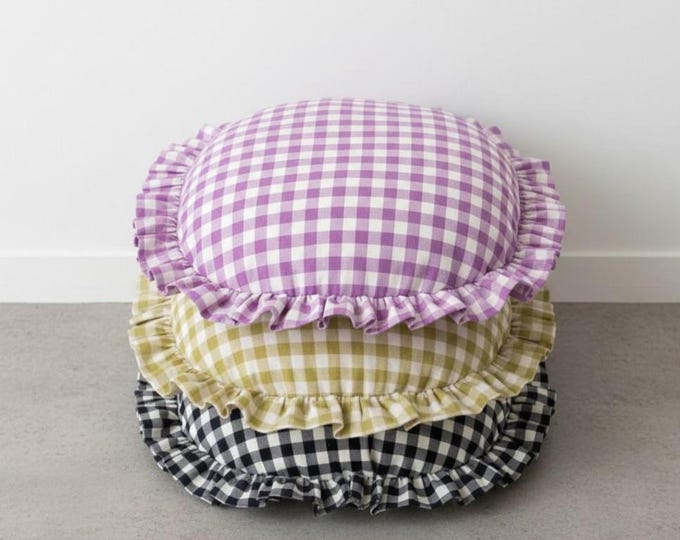 Gingham Round Ruffle Pillow - Plaid Chair Pad - Cottage Style Seat Cushion