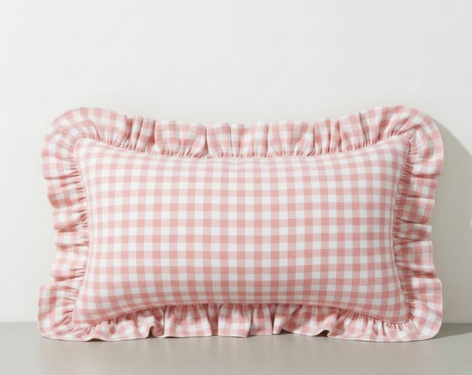 Gingham Pillow Cover - Ruffled Gingham Cushion - Cottagecore Farmhouse Decor - Multiple Color Options