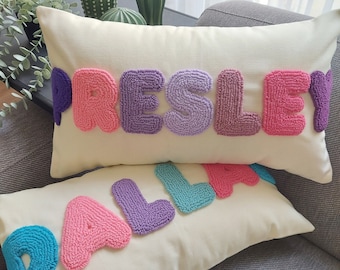 Personalised Punch Needle Decorative Cushion - Kids Room Decor Name Pillow - Unique Baby Room Nursery Initial Decoration Gift - Throw Pillow