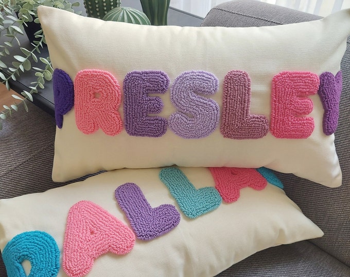 Personalised Punch Needle Decorative Cushion - Kids Room Decor Name Pillow - Unique Baby Room Nursery Initial Decoration Gift - Throw Pillow