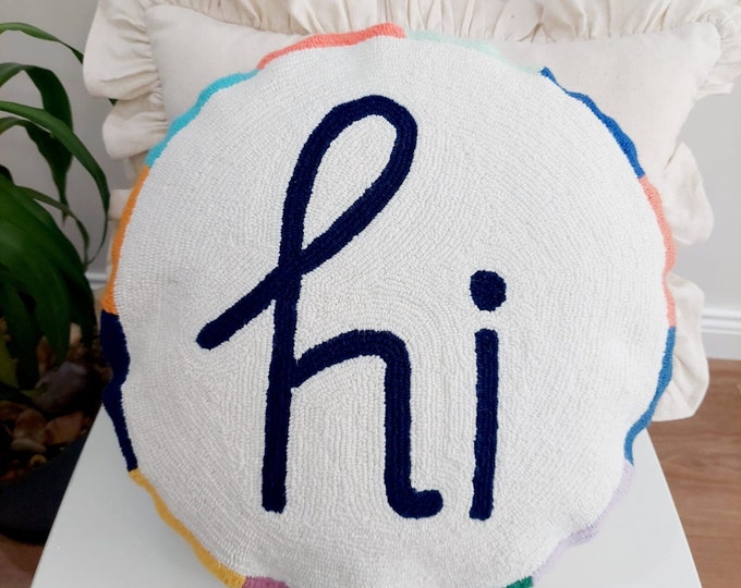Handmade Pillow Cover - White with 'hi' Punch Needle Design - Decorative Pillow Cover - Throw Pillows