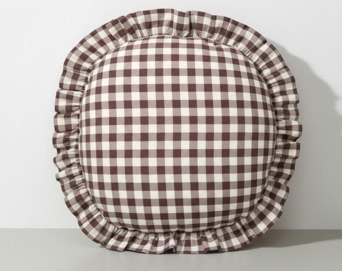 Gingham Round Ruffle Pillow - Plaid Chair Pad - Cottage Style Seat Cushion