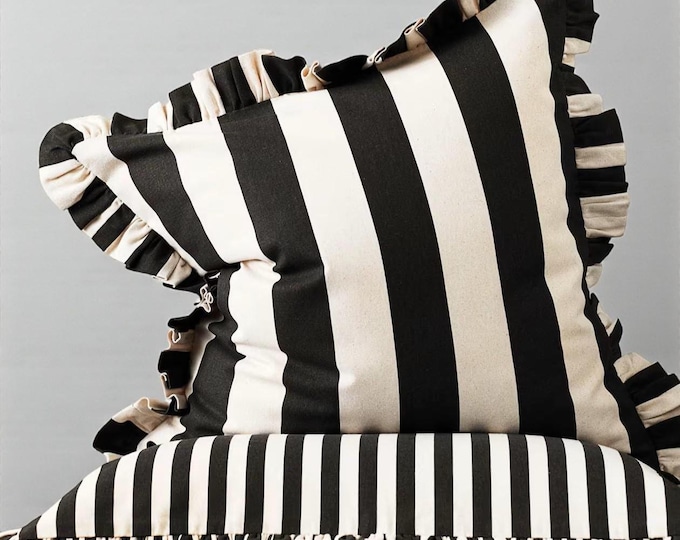 Bohemian Striped Linen Pillow with Ruffles - Frilled Cushion - Modern and Farmhouse Chic Decor - Multicolor