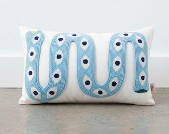 Handmade Snake Pillow Cover - Punch Embroidered Boho Cushion - Colorful Decorative Throw Pillow