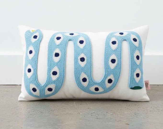 Handmade Snake Pillow Cover - Punch Embroidered Boho Cushion - Colorful Decorative Throw Pillow
