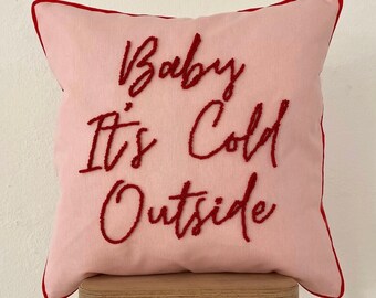 Handmade Pillow Cover - Pink Punch Embroidered Cushion Cover -"Baby It's Cold Outside" - Red Piping - Throw Pillows