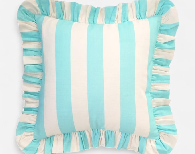 Bohemian Striped Linen Pillow with Ruffles - Ruffled Cushion - Modern and Farmhouse Chic Decor