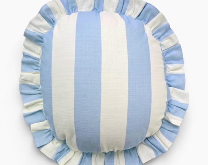Handmade Round Ruffled Linen Pillow – Circle Cushion - Striped Boho Accent Cushion
