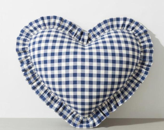 Ruffled Linen Gingham Heart Pillow Cover - Heart Cushion - Bohemian Home Decor