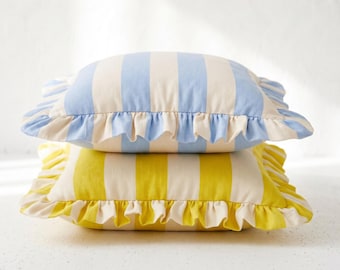 Ruffled Linen Pillow - Striped Cottagecore Decor - Coastal Style Cushion - Farmhouse Decor