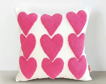 Hand Embroidered Heart Pillow Cover – Handmade Punch Needle Cushion – Valentine Decor - Gift For Her