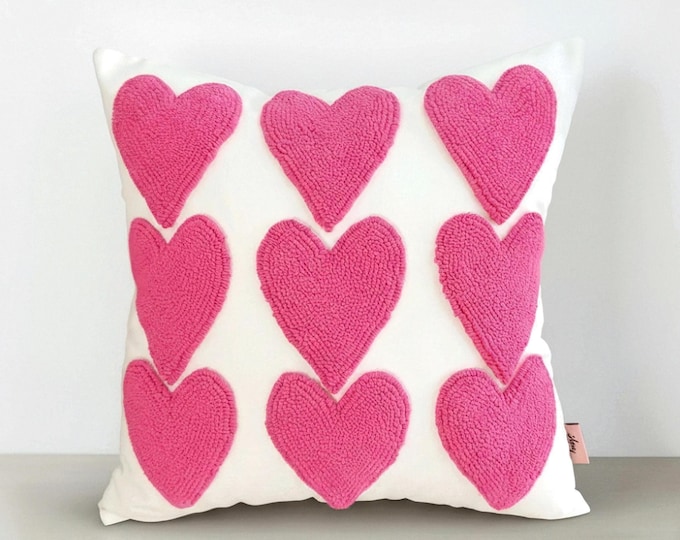 Hand Embroidered Heart Pillow Cover – Handmade Punch Needle Cushion – Valentine Decor - Gift For Her