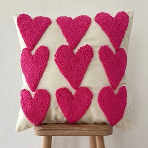 Handmade Pillow Cover - Heart Embroidered Pillow Cover - Handmade Punch Needle - Water and Stain Resistant Fabric " Multiple Color Options"