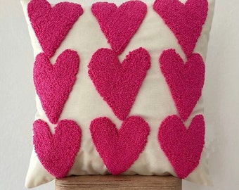 Handmade Pillow Cover - Heart Embroidered Pillow Cover - Handmade Punch Needle - Water and Stain Resistant Fabric " Multiple Color Options"