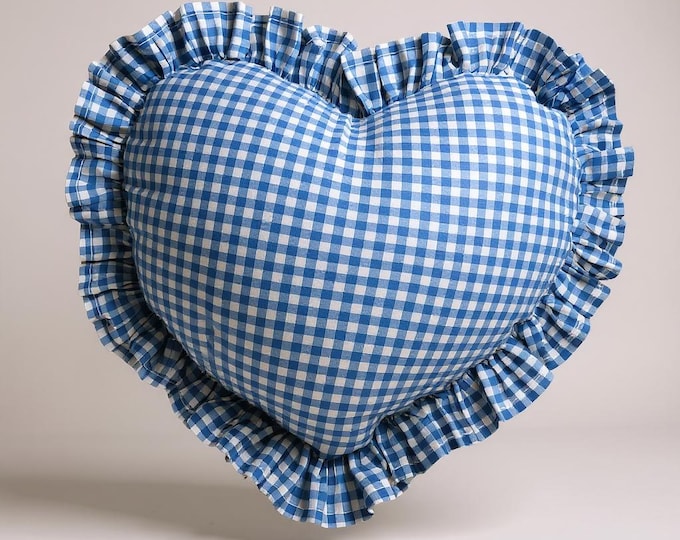 Frill Linen Gingham Heart Pillow Cover - Gingham Heart Pillow - Heart Pillow - Color Options With Frill Edges - Gingham Pillow