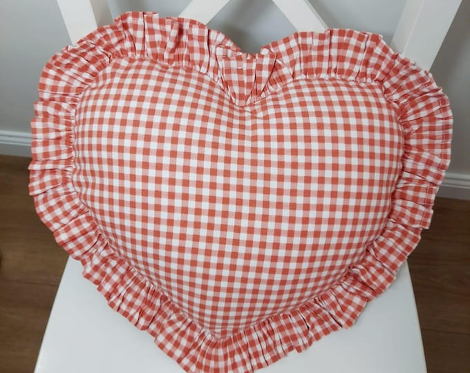 Bohemian Frill Linen Gingham Pillow Cover - Gingham Heart Pillow - Heart Pillow - Color Options With Frill Edges - Gingham Pillow