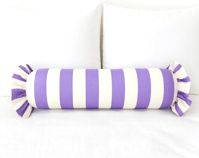 Striped Bolster Pillow Cover with Ruffles - Colorful Handmade Decorative Cushion - Candy Style Decor