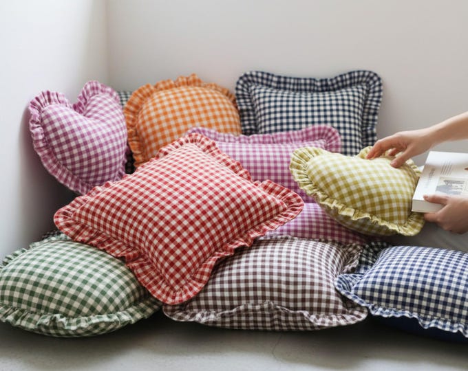 Gingham Ruffle Pillow Cover – Cottagecore Decorative Throw Pillow – Multiple Color Options