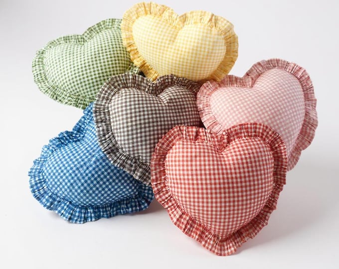 Frill Linen Gingham Heart Pillow Cover - Gingham Heart Pillow - Heart Pillow - Color Options With Frill Edges - Gingham Pillow